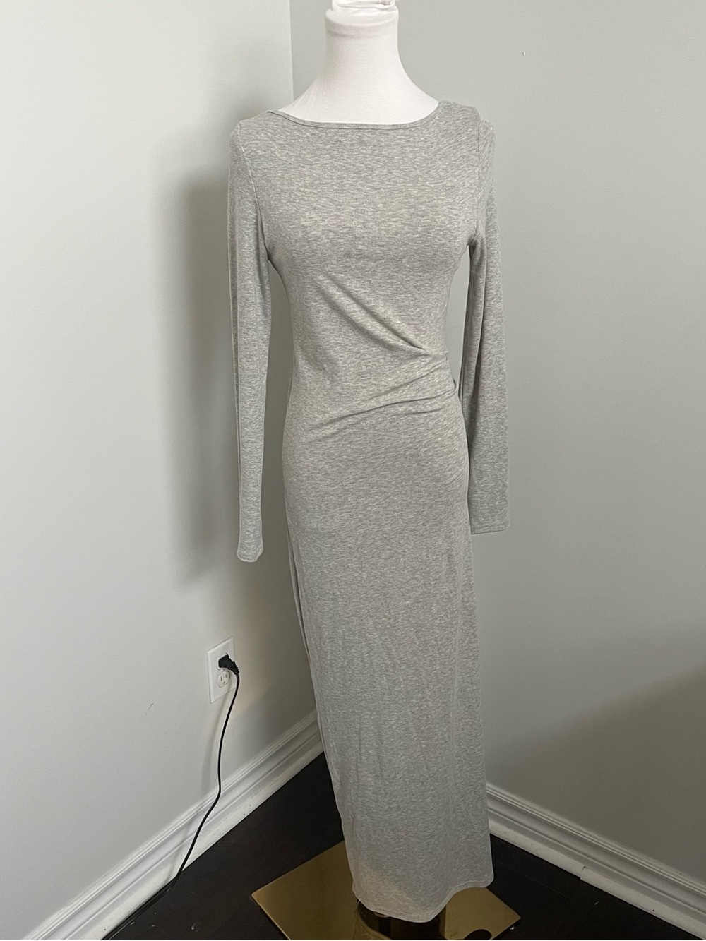 Soft Gray Long Sleeve Bodycon Maxi Dress – Minimalist Lounge Capsule Dress S - Picture 2 of 6